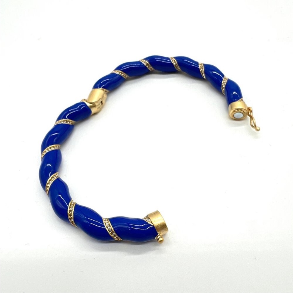 CLARE V Gold Plated and Enamel Rope Bangle Bracelet Blue Rhinestone Crystal NWOT - Picture 4 of 11